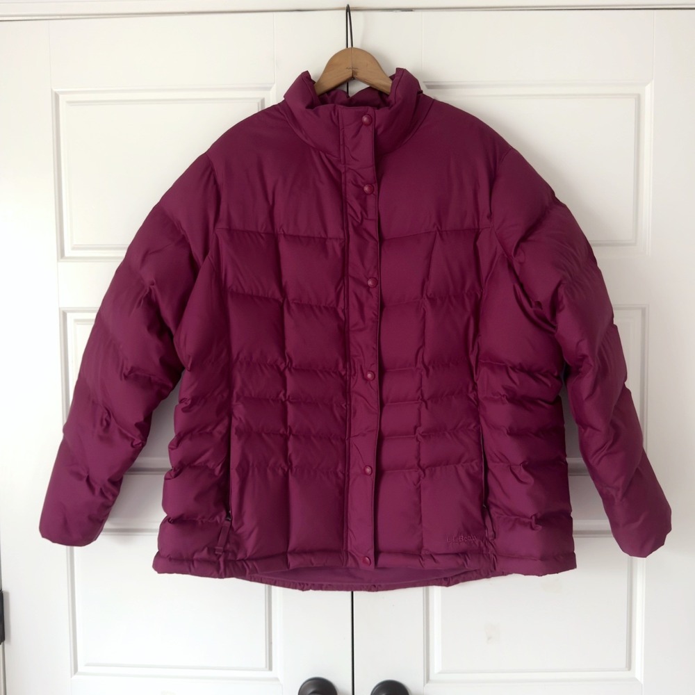LL Bean Down Puffer Jacket Womens 3X Purple Magenta Full Zip Coat Pockets Light